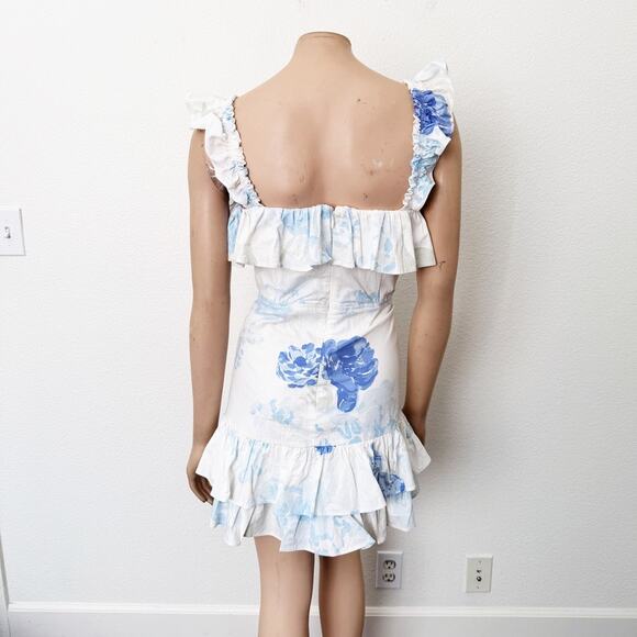 [SABO] White Peony Blue Floral Print Ruffle Mini Dress NWT Fit & Flare Sz Large - Picture 4 of 12